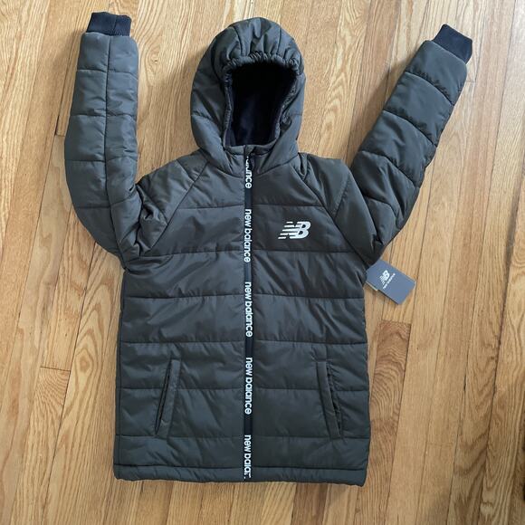 New Balance Teen Boys Puffer Tech Jacket Wind Water Resistant Hood Green L 14 16 - Picture 1 of 9